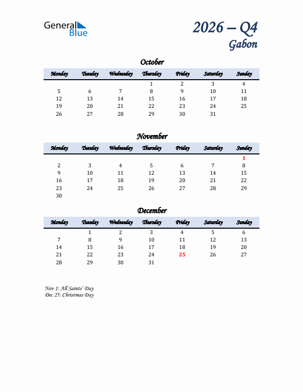 October, November, and December Calendar for Gabon with Monday Start