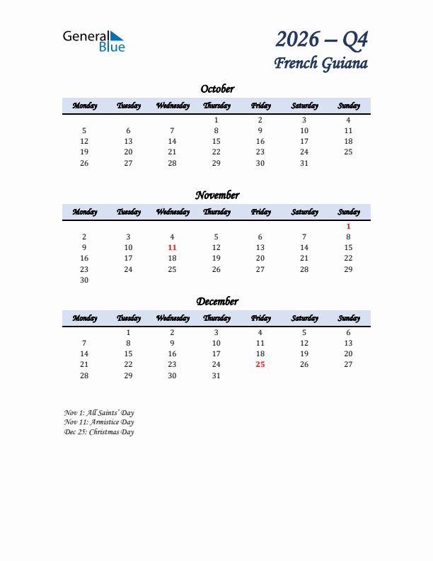 October, November, and December Calendar for French Guiana with Monday Start