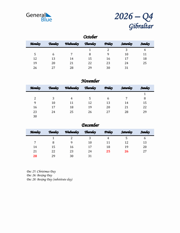 October, November, and December Calendar for Gibraltar with Monday Start