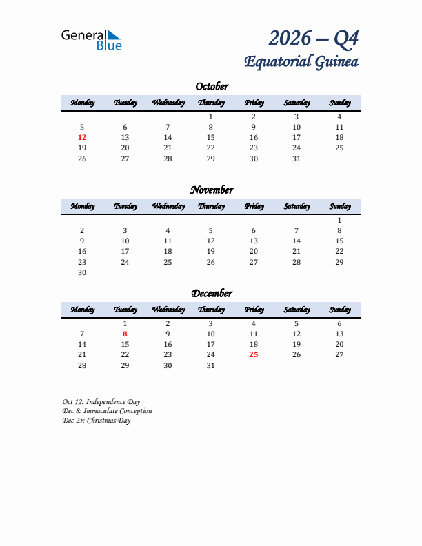 October, November, and December Calendar for Equatorial Guinea with Monday Start