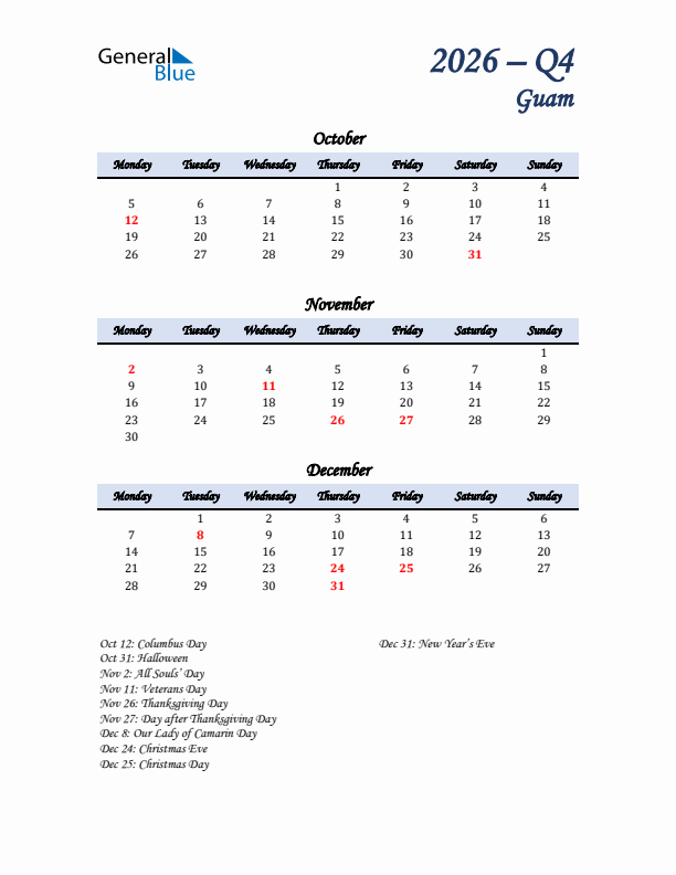 October, November, and December Calendar for Guam with Monday Start