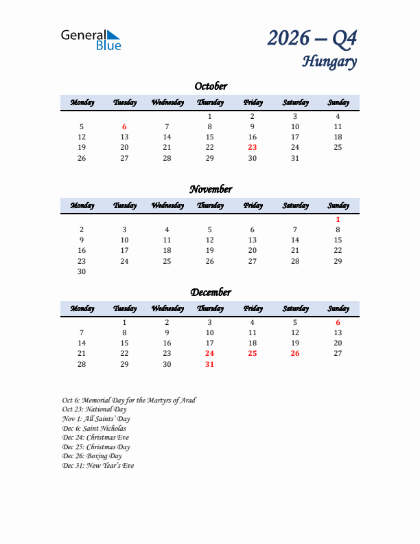 October, November, and December Calendar for Hungary with Monday Start