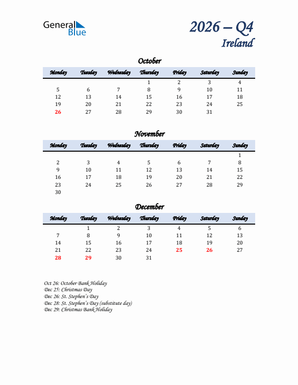 October, November, and December Calendar for Ireland with Monday Start