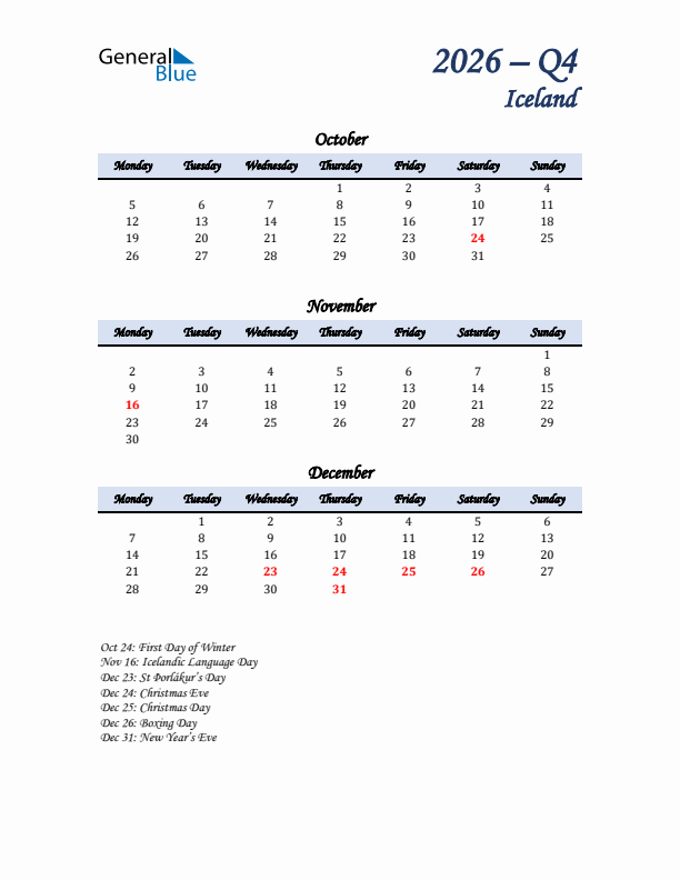 October, November, and December Calendar for Iceland with Monday Start