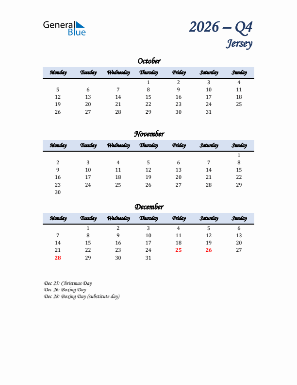 October, November, and December Calendar for Jersey with Monday Start