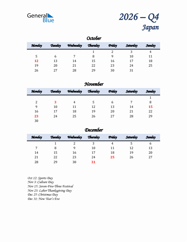 October, November, and December Calendar for Japan with Monday Start