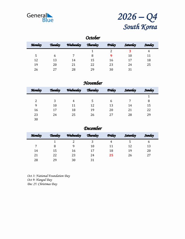 October, November, and December Calendar for South Korea with Monday Start