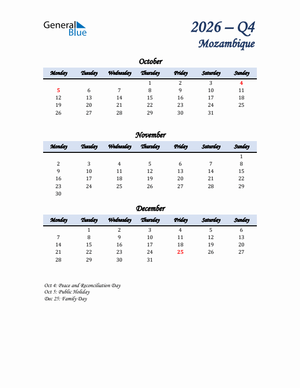 October, November, and December Calendar for Mozambique with Monday Start