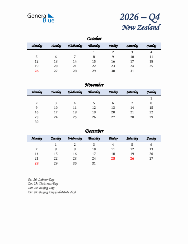 October, November, and December Calendar for New Zealand with Monday Start