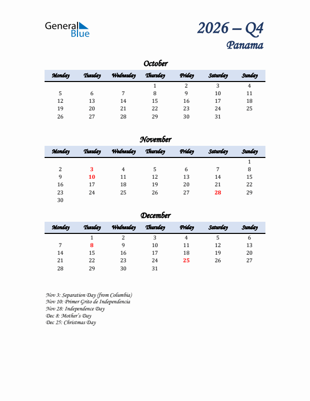 October, November, and December Calendar for Panama with Monday Start