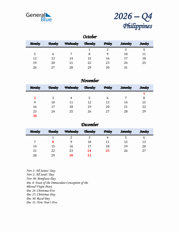 October, November, and December Calendar for Philippines with Monday Start