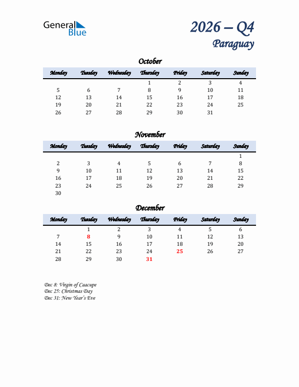 October, November, and December Calendar for Paraguay with Monday Start