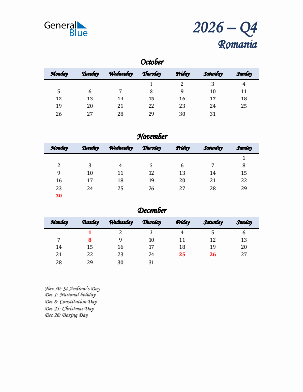 October, November, and December Calendar for Romania with Monday Start