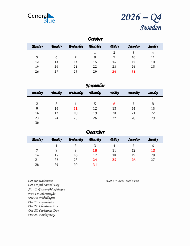 October, November, and December Calendar for Sweden with Monday Start