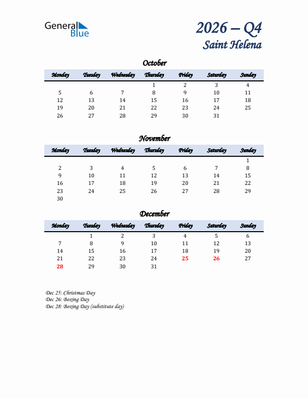 October, November, and December Calendar for Saint Helena with Monday Start