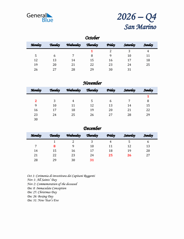 October, November, and December Calendar for San Marino with Monday Start