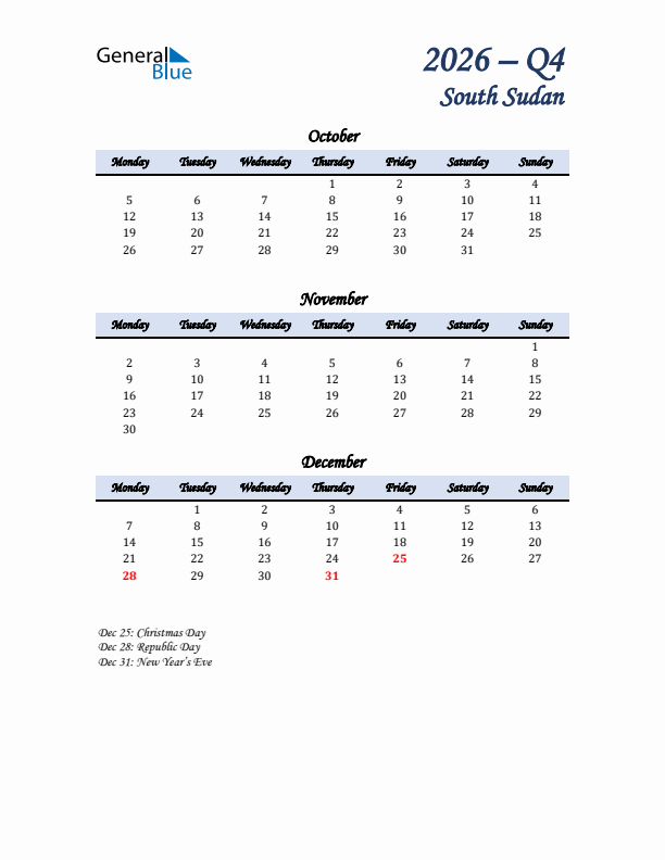 October, November, and December Calendar for South Sudan with Monday Start