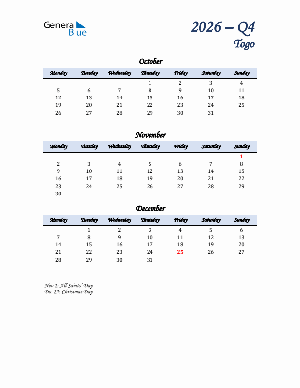 October, November, and December Calendar for Togo with Monday Start