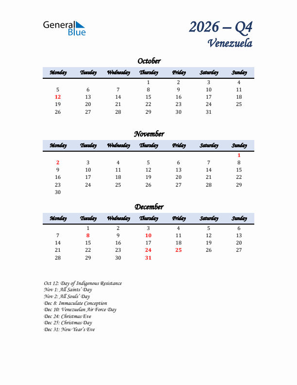 October, November, and December Calendar for Venezuela with Monday Start