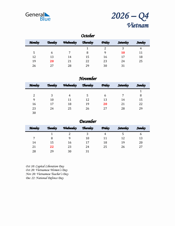 October, November, and December Calendar for Vietnam with Monday Start