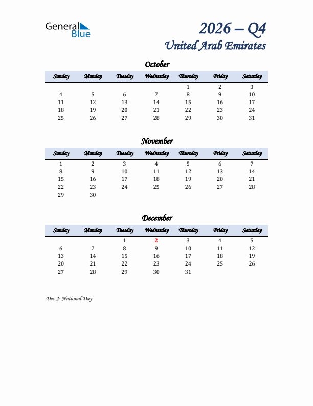 October, November, and December Calendar for United Arab Emirates with Sunday Start