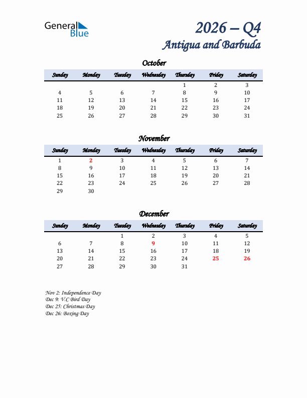 October, November, and December Calendar for Antigua and Barbuda with Sunday Start