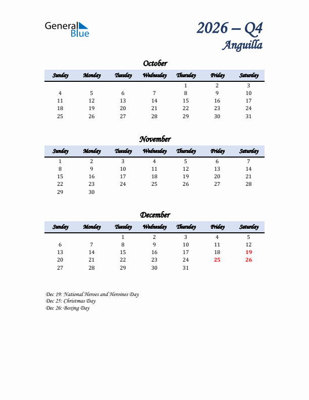 October, November, and December Calendar for Anguilla with Sunday Start