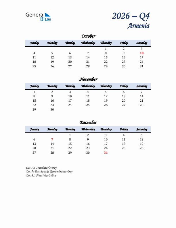 October, November, and December Calendar for Armenia with Sunday Start