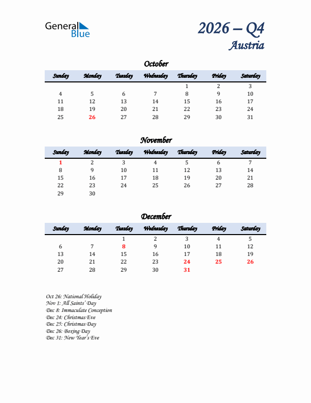 October, November, and December Calendar for Austria with Sunday Start