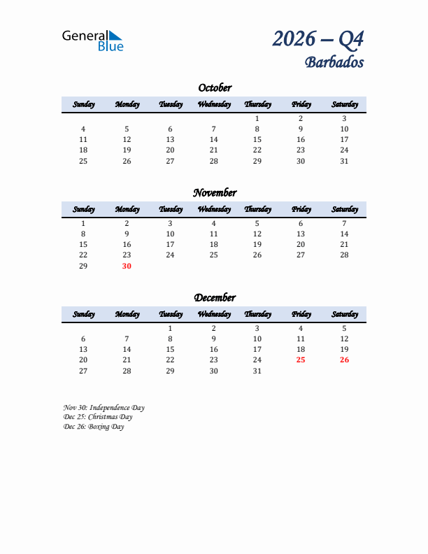 October, November, and December Calendar for Barbados with Sunday Start