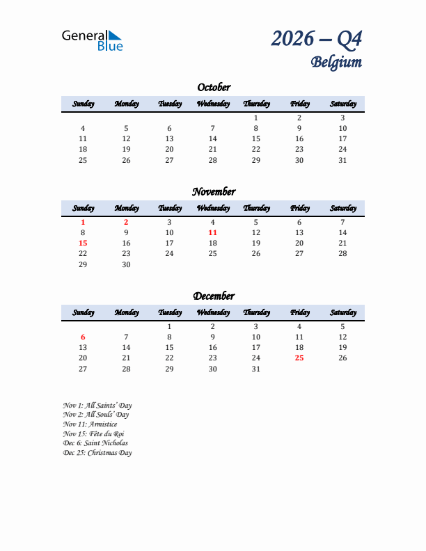 October, November, and December Calendar for Belgium with Sunday Start