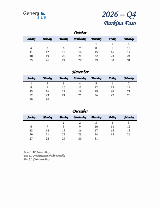 October, November, and December Calendar for Burkina Faso with Sunday Start