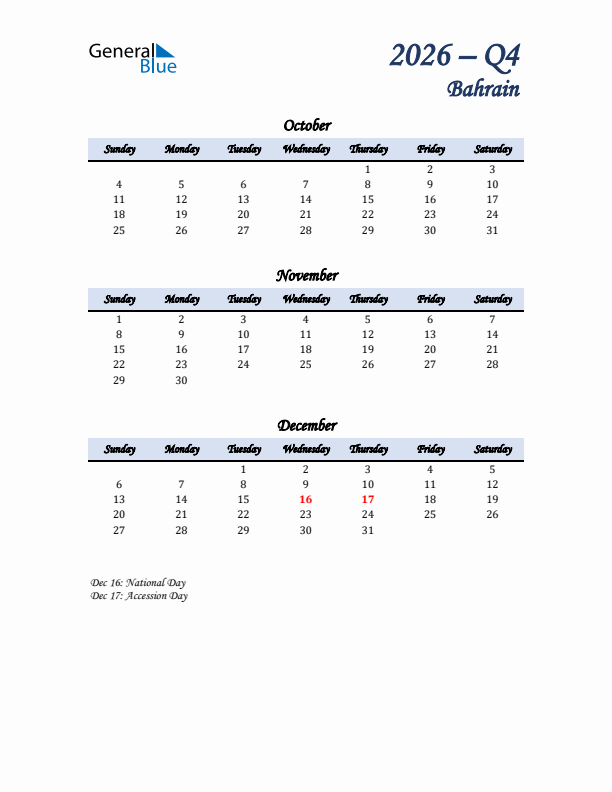 October, November, and December Calendar for Bahrain with Sunday Start