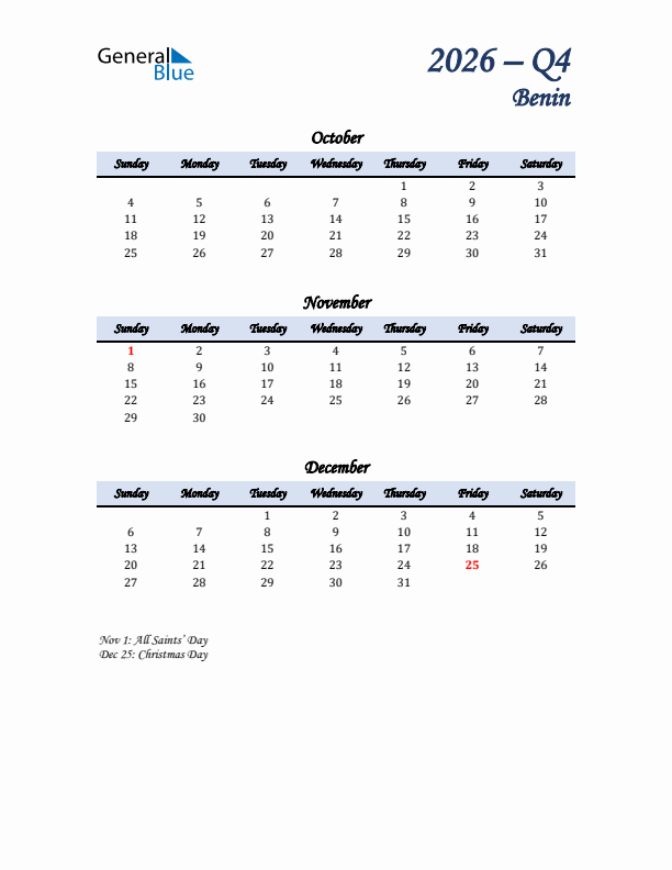 October, November, and December Calendar for Benin with Sunday Start