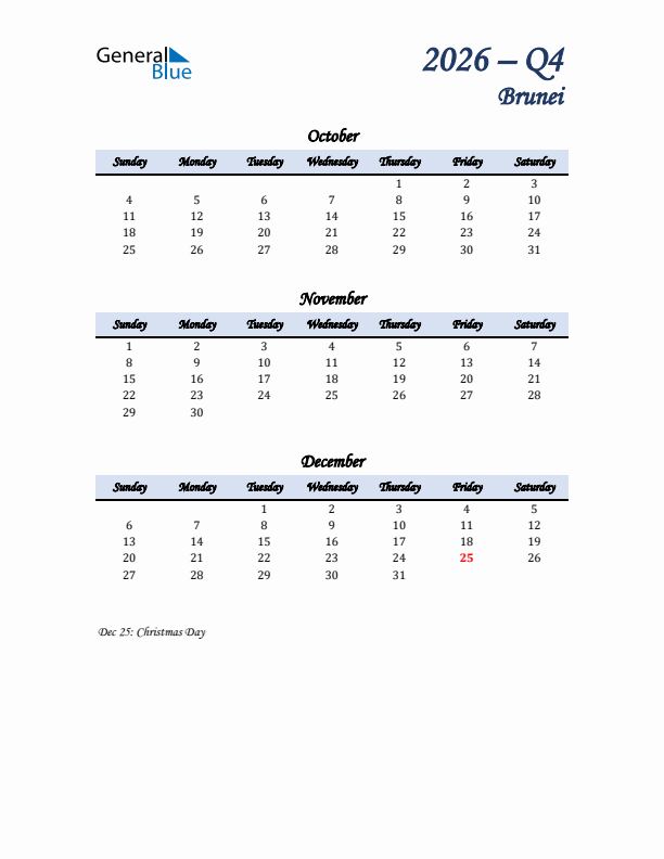 October, November, and December Calendar for Brunei with Sunday Start