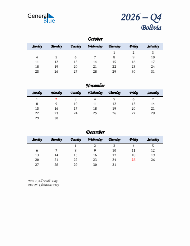 October, November, and December Calendar for Bolivia with Sunday Start