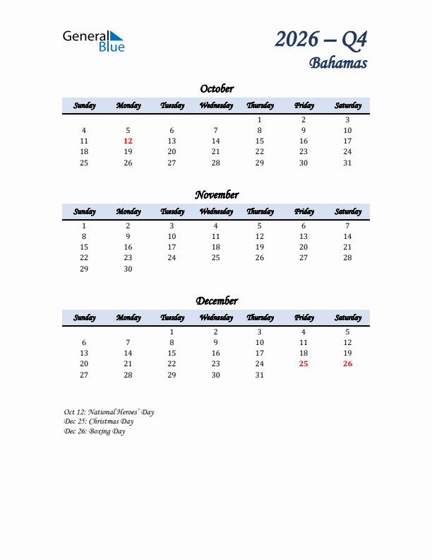 October, November, and December Calendar for Bahamas with Sunday Start