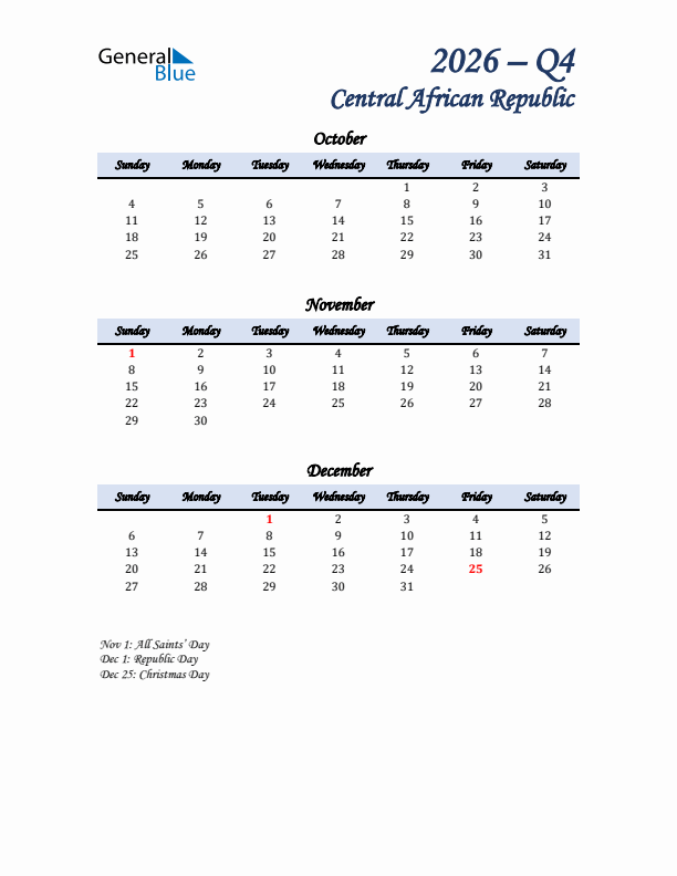 October, November, and December Calendar for Central African Republic with Sunday Start