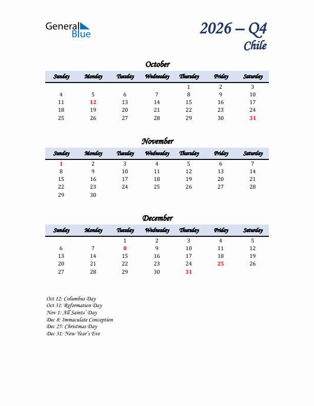 October, November, and December Calendar for Chile with Sunday Start