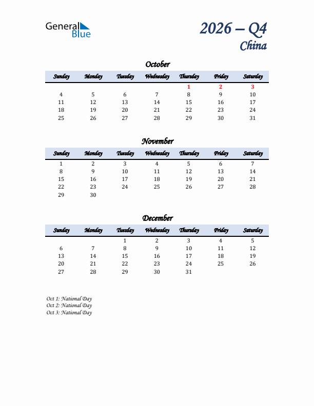 October, November, and December Calendar for China with Sunday Start