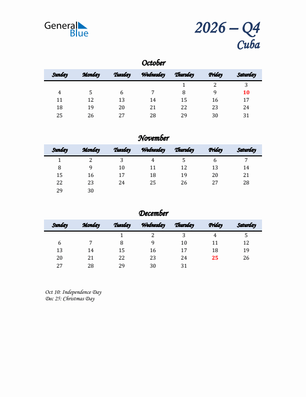 October, November, and December Calendar for Cuba with Sunday Start