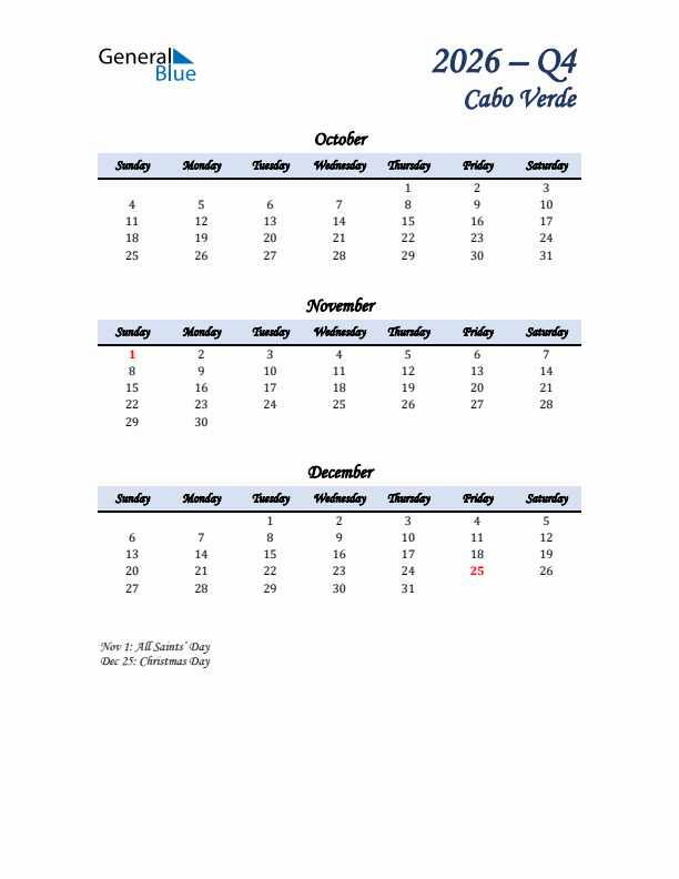 October, November, and December Calendar for Cabo Verde with Sunday Start