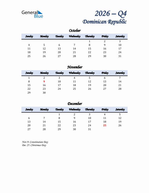 October, November, and December Calendar for Dominican Republic with Sunday Start