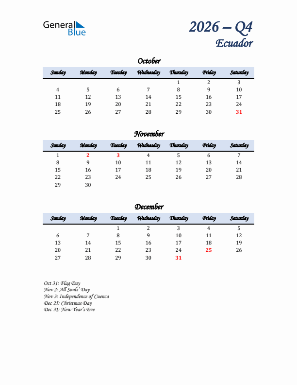 October, November, and December Calendar for Ecuador with Sunday Start