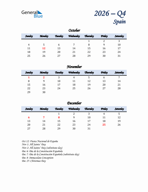 October, November, and December Calendar for Spain with Sunday Start