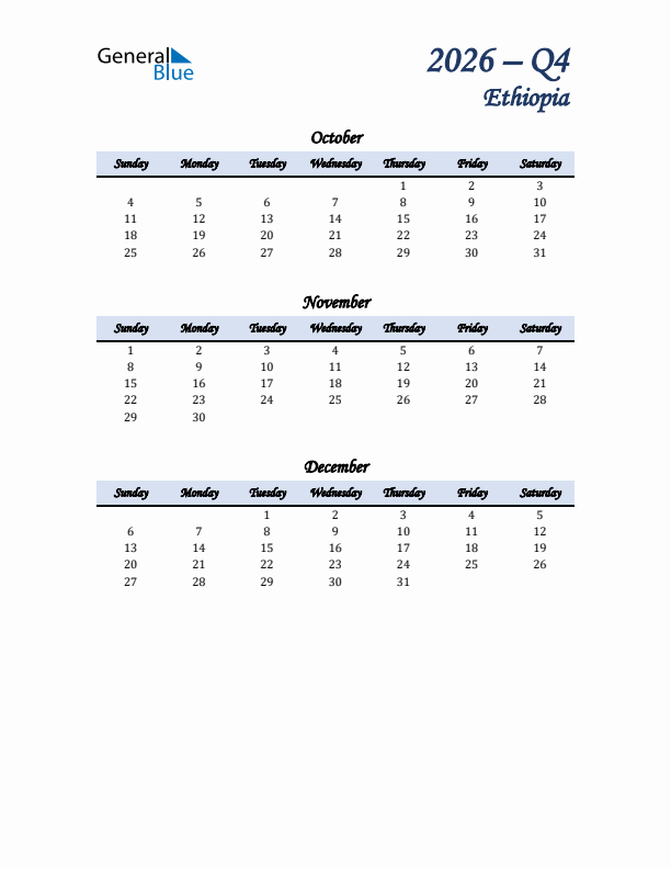 October, November, and December Calendar for Ethiopia with Sunday Start