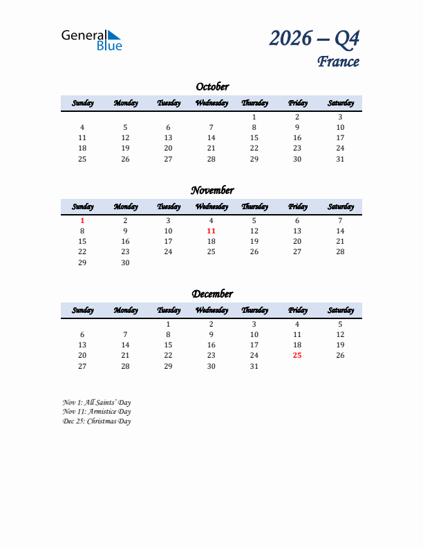 October, November, and December Calendar for France with Sunday Start