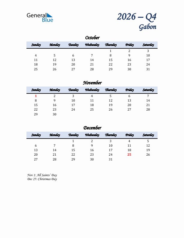 October, November, and December Calendar for Gabon with Sunday Start