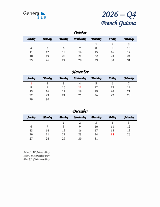 October, November, and December Calendar for French Guiana with Sunday Start