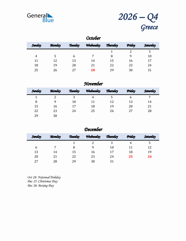 October, November, and December Calendar for Greece with Sunday Start